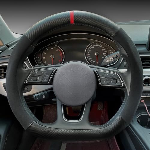 Carodi Suede Carbon Fiber Steering Wheel Cover - Non-Slip Leather, Fits Car Interiors, Universal 15-inch (D-Shape, Black Suede with Carbon Fiber) - Image 1
