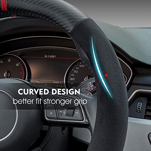 Carodi Suede Carbon Fiber Steering Wheel Cover - Non-Slip Leather, Fits Car Interiors, Universal 15-inch (D-Shape, Black Suede with Carbon Fiber) - Image 4