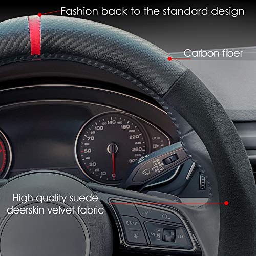 Carodi Suede Carbon Fiber Steering Wheel Cover - Non-Slip Leather, Fits Car Interiors, Universal 15-inch (D-Shape, Black Suede with Carbon Fiber) - Image 2