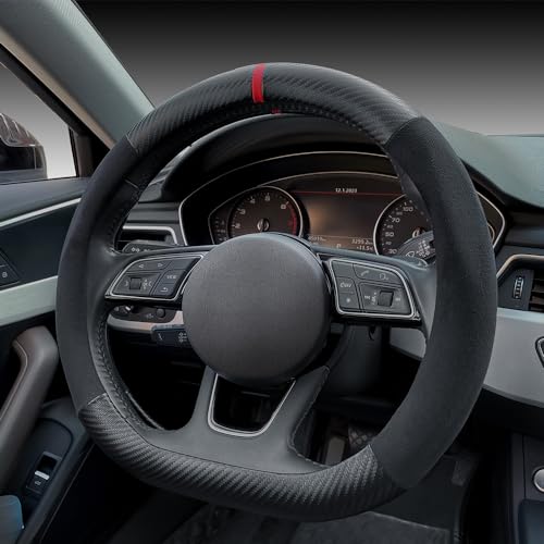Carodi Suede Carbon Fiber Steering Wheel Cover - Non-Slip Leather, Fits Car Interiors, Universal 15-inch (D-Shape, Black Suede with Carbon Fiber) - Image 3