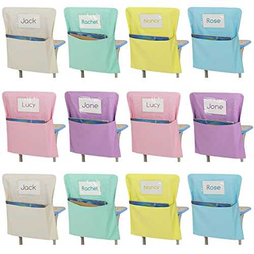Locmeo 12 Pcs Chair Pockets for Classrooms 20 x 17 Inch Chair Pockets Organizer with Name Tag for Keeping Student Book School Table OrganizedPastel - Image 1