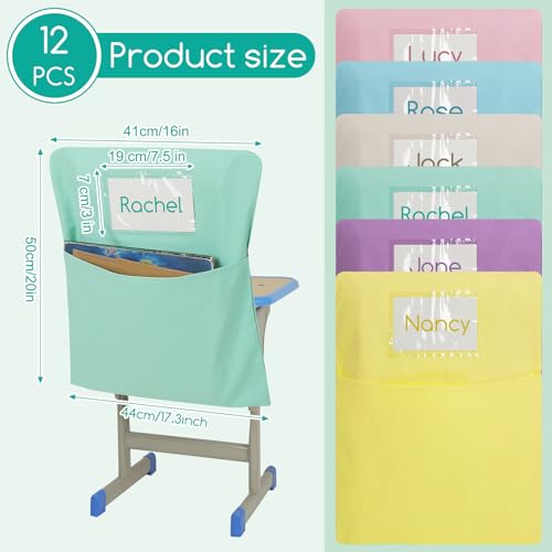 Locmeo 12 Pcs Chair Pockets for Classrooms 20 x 17 Inch Chair Pockets Organizer with Name Tag for Keeping Student Book School Table OrganizedPastel - Image 3