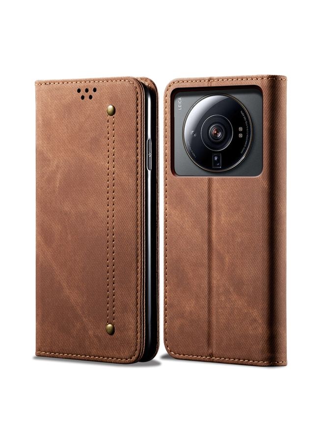 Case Cover For Xiaomi 12S Ultra Denim Texture Casual Style Horizontal Flip Leather Case Brown