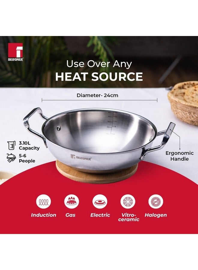 بيرجنر مقلاة BERGNER Tripro TriPly المصنوعة من الفولاذ المقاوم للصدأ بعمق 24 سم مع غطاء، سعة 3 لتر، مقابض متينة تبقى باردة، قاعدة ثقيلة، مناسبة للملاعق المعدنية - قاعدة حثية وجاهزة للاستخدام بالغاز (ضمان لمدة 5 سنوات) - Image 2