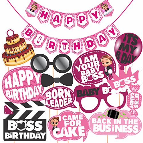 WOBBOX Happy Birthday Baby Boss Theme Party Props Pink Color with Different Pattern Background Pink Color Font Bunting Banner Combo, Birthday Party Deocration Items, Party Decoration Item (13 Pcs) - Image 1
