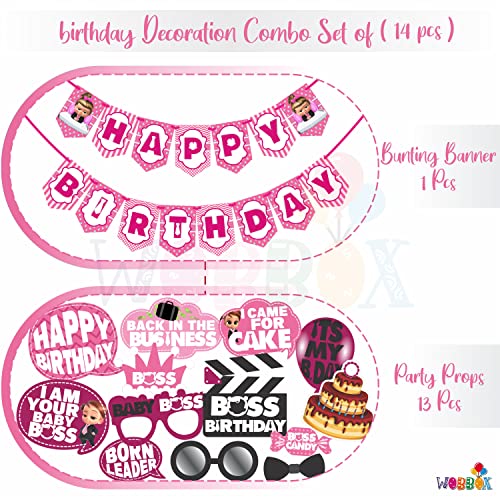 WOBBOX Happy Birthday Baby Boss Theme Party Props Pink Color with Different Pattern Background Pink Color Font Bunting Banner Combo, Birthday Party Deocration Items, Party Decoration Item (13 Pcs) - Image 2