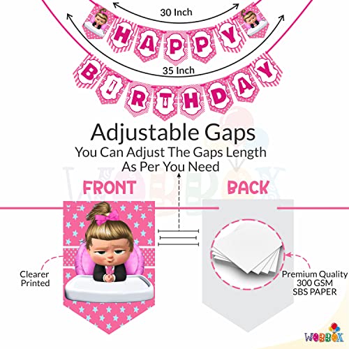 WOBBOX Happy Birthday Baby Boss Theme Party Props Pink Color with Different Pattern Background Pink Color Font Bunting Banner Combo, Birthday Party Deocration Items, Party Decoration Item (13 Pcs) - Image 3