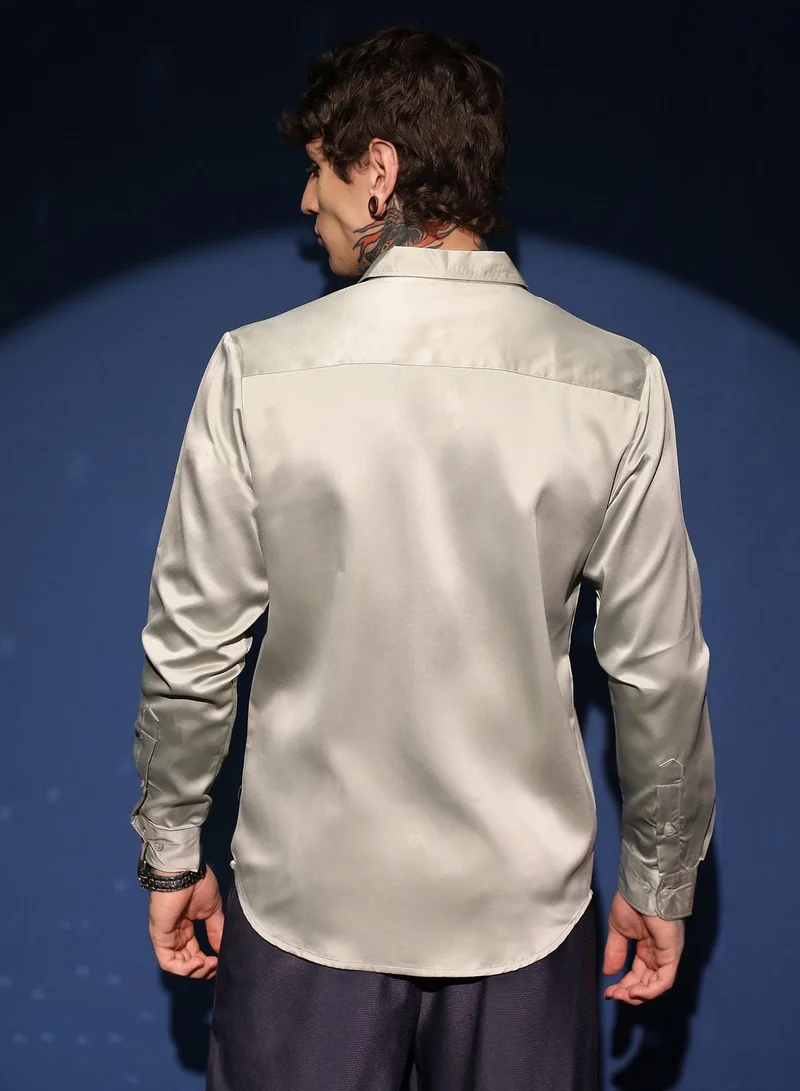كامبوس سوترا Men's Sage Green Solid Satin Shirt For Casual Wear | Cuban Collar | Long Cuffed Sleeves | Button Closure | Shirt Crafted With Comfort Fit For Everyday Wear
