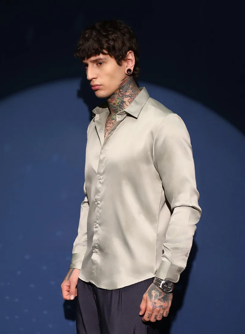 كامبوس سوترا Men's Sage Green Solid Satin Shirt For Casual Wear | Cuban Collar | Long Cuffed Sleeves | Button Closure | Shirt Crafted With Comfort Fit For Everyday Wear