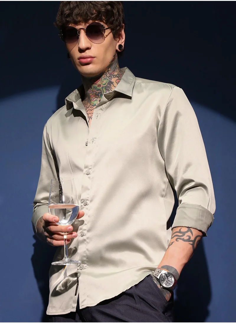 كامبوس سوترا Men's Sage Green Solid Satin Shirt For Casual Wear | Cuban Collar | Long Cuffed Sleeves | Button Closure | Shirt Crafted With Comfort Fit For Everyday Wear