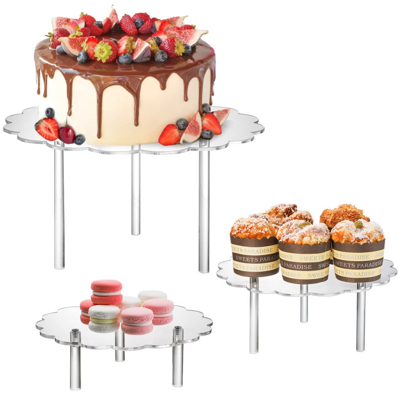 Okllen 3 Pack Clear Acrylic Cake Stands Cupcake Stand Cake Holder Countertop Dessert Display Riser for Bakery Appetizer Birthday Wedding Party Baby Shower Flower Shape
