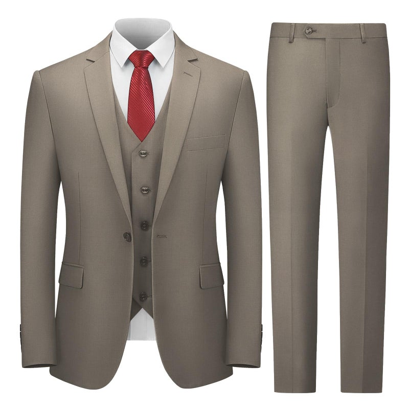 Cooper Nelson Mens Suit Slim Fit 3 Piece Suits for Men One Button Solid Jacket Vest Pants with Tie Tuxedo Set Khaki L