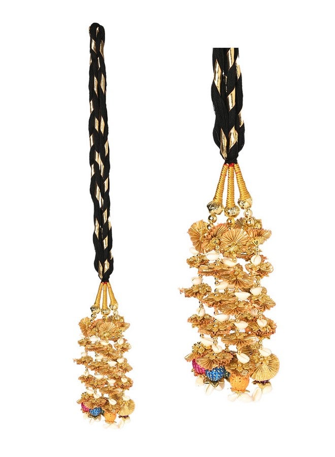 VTN Women's Patiala Shahi Parandi/Paranda Traditional Hair Accessory Braid Tassles/Hair Extension/Choti (Black with Golden Color Hangings & Multicolor Balls) - Image 1