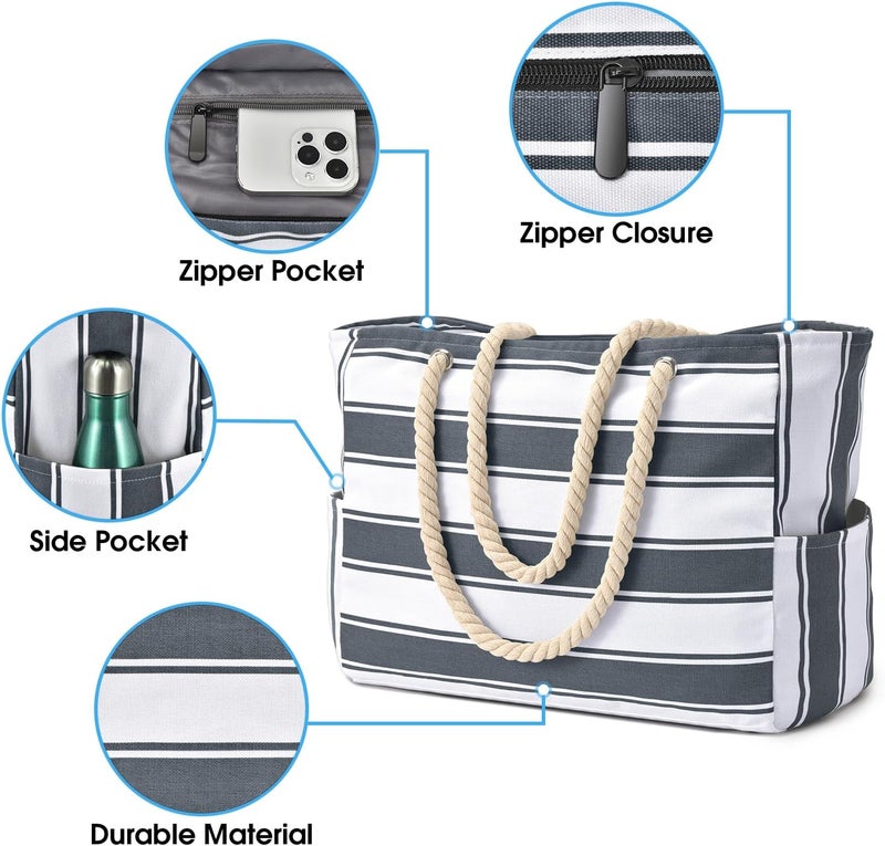 Becokan Beach Bags for Women, Large Waterproof Beach Tote Bag with Zipper Beach Bags Waterproof Sandproof Swim Pool Bag Large Tote - Image 2