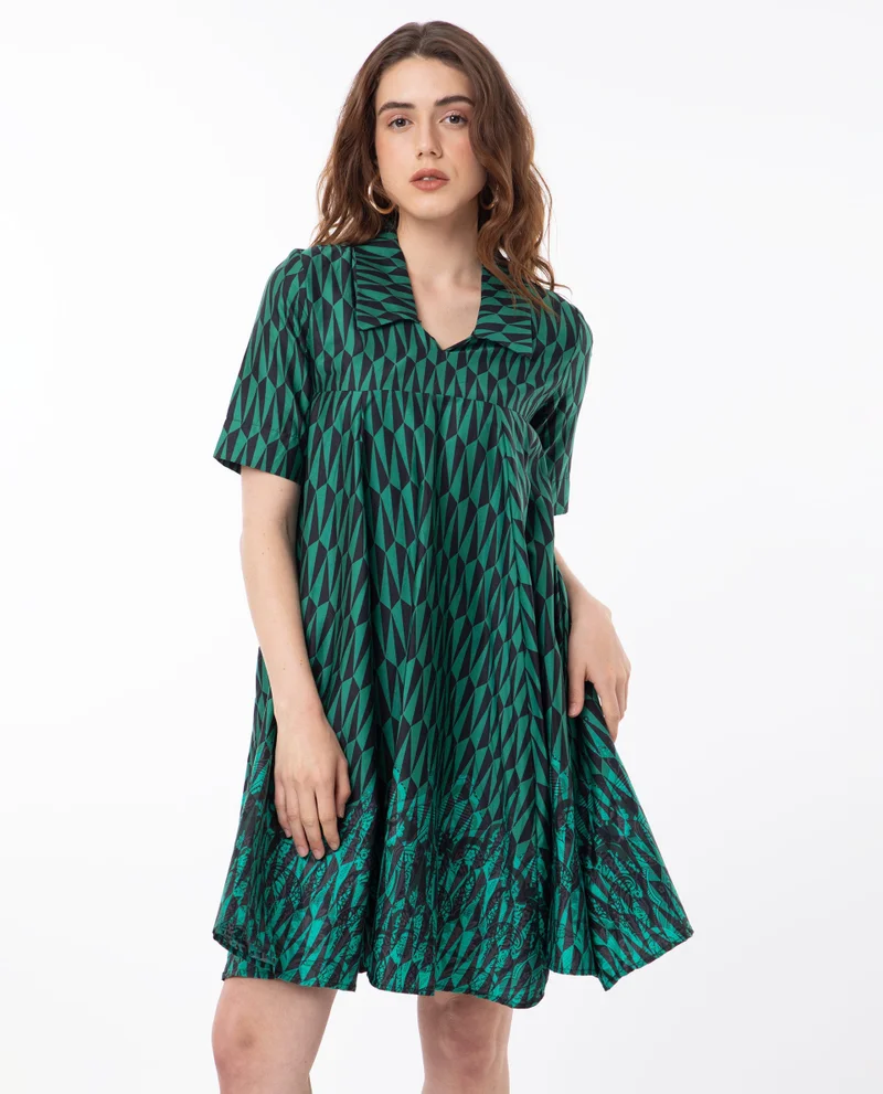 Rareism Women's Abstract Geometric Print Collared Tent Dress