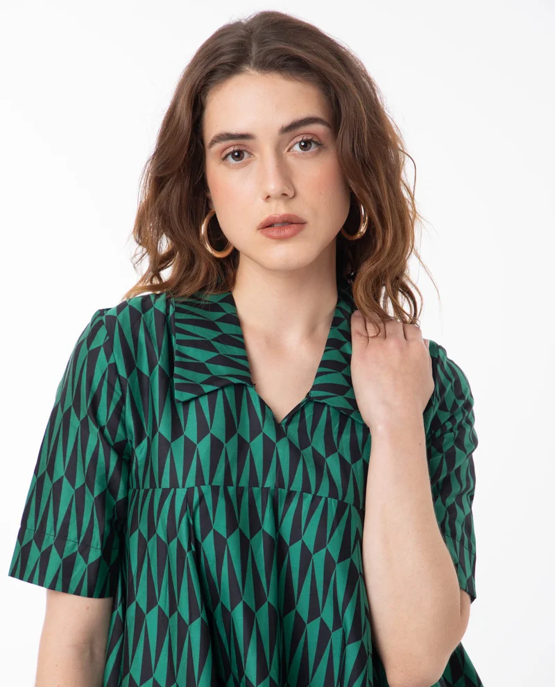 Rareism Women's Abstract Geometric Print Collared Tent Dress