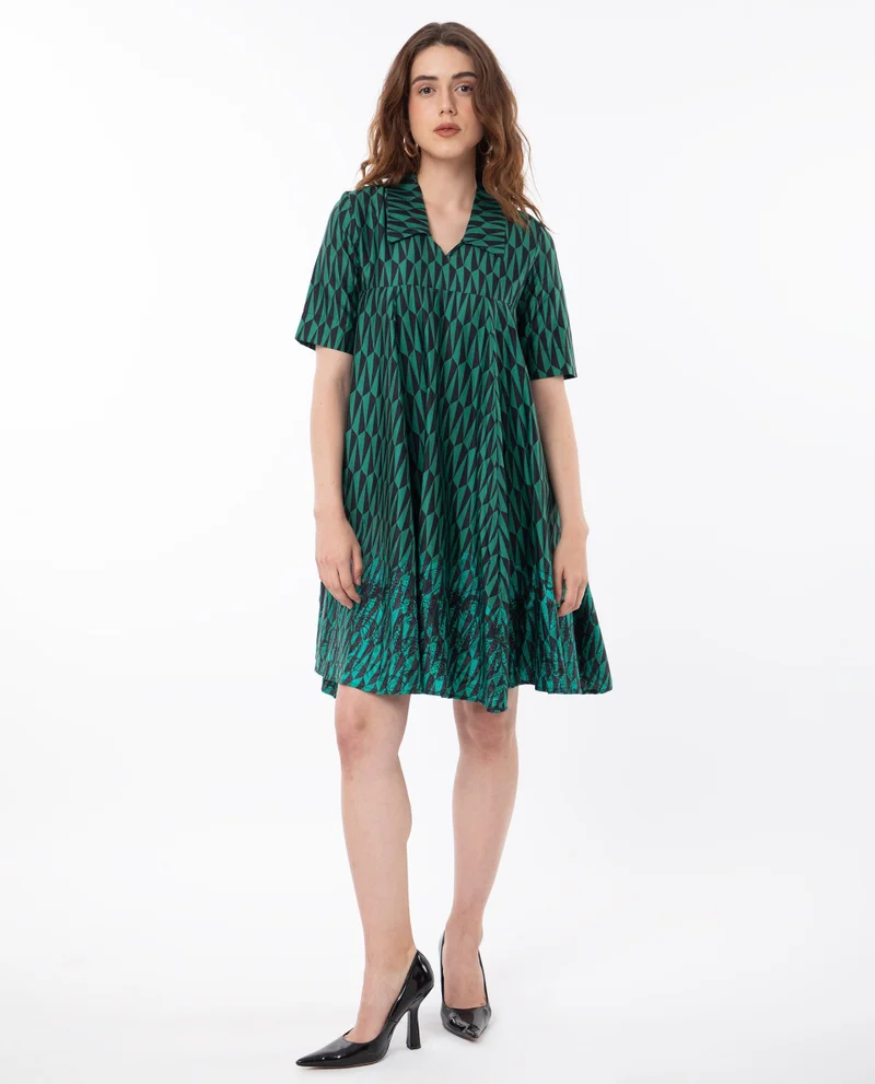 Rareism Women's Abstract Geometric Print Collared Tent Dress