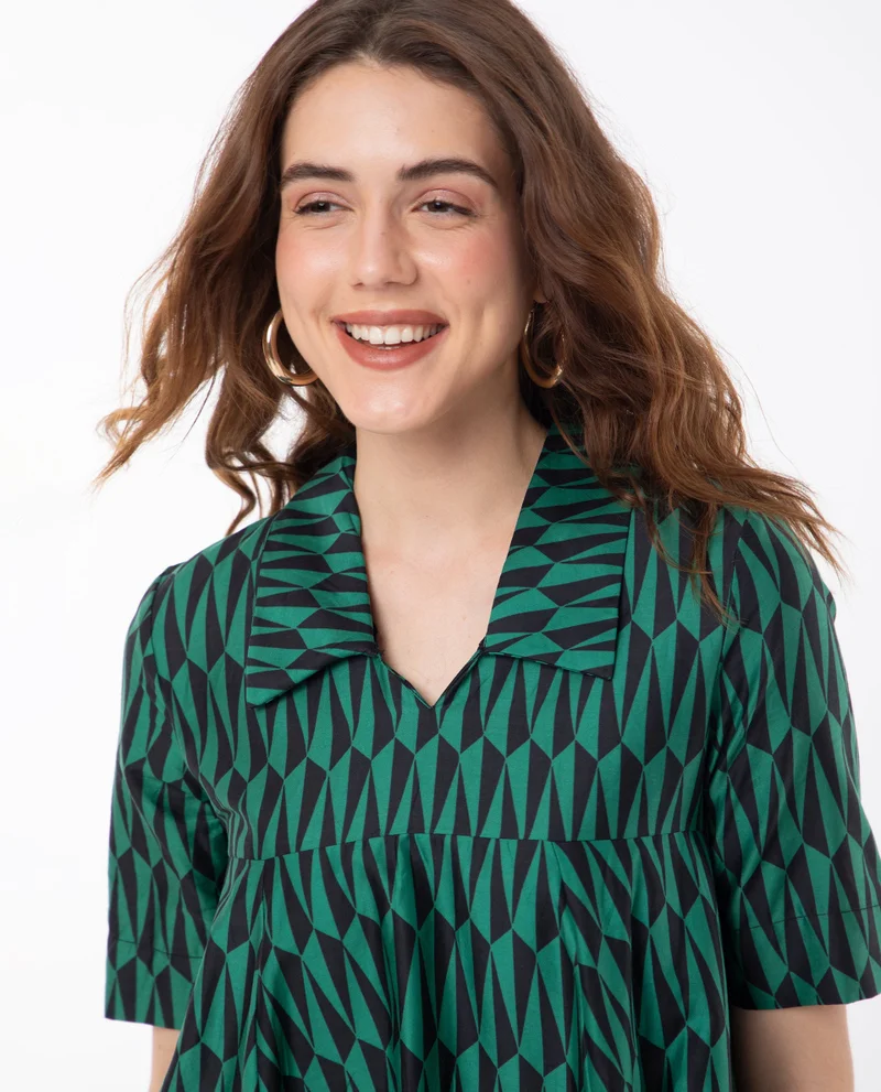 Rareism Women's Abstract Geometric Print Collared Tent Dress