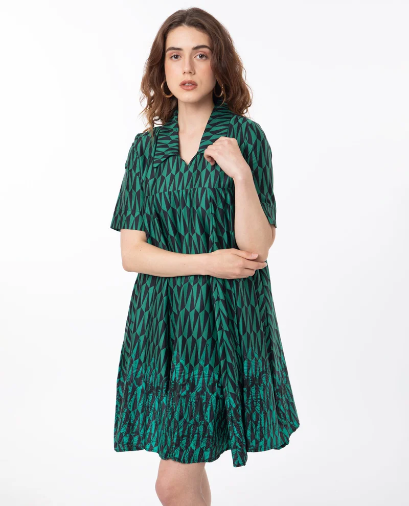 Rareism Women's Abstract Geometric Print Collared Tent Dress