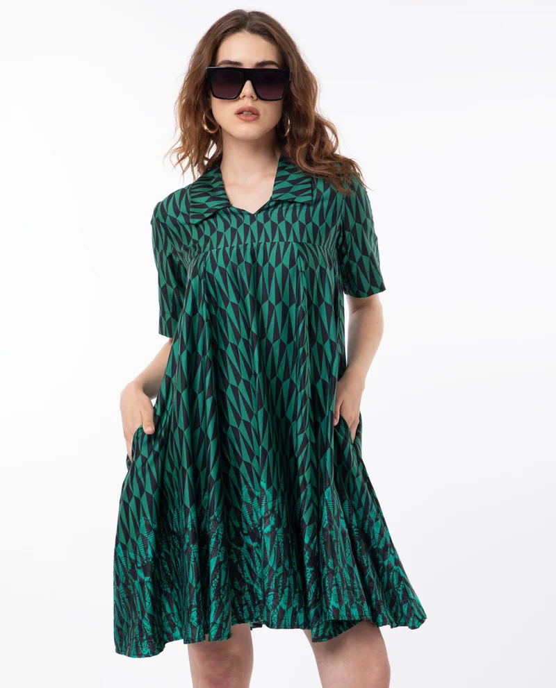 Rareism Women's Abstract Geometric Print Collared Tent Dress