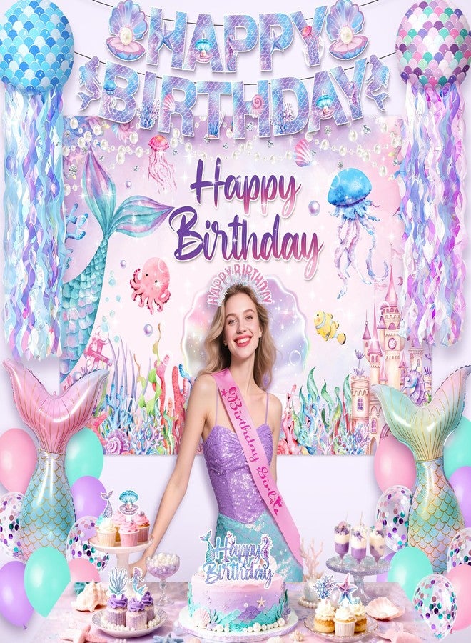 REDWORD Mermaid Birthday Decorations, 41Pcs Mermaid Party Supplies Include Hanging Jelly Fish Paper Lanterns Backdrop Balloons Cupcake Toppers Birthday Sash and Headband for Girls Women Birthdays Decorations - Image 5