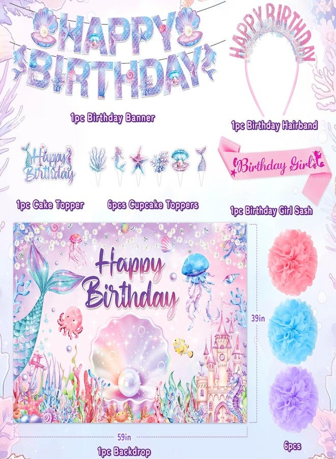 REDWORD Mermaid Birthday Decorations, 41Pcs Mermaid Party Supplies Include Hanging Jelly Fish Paper Lanterns Backdrop Balloons Cupcake Toppers Birthday Sash and Headband for Girls Women Birthdays Decorations - Image 2