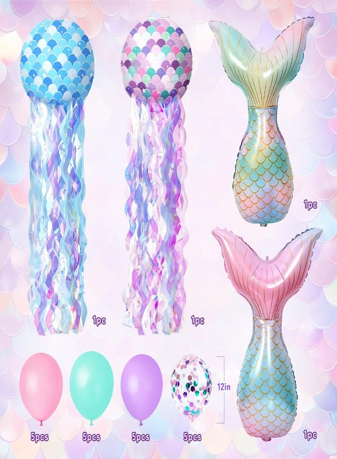 REDWORD Mermaid Birthday Decorations, 41Pcs Mermaid Party Supplies Include Hanging Jelly Fish Paper Lanterns Backdrop Balloons Cupcake Toppers Birthday Sash and Headband for Girls Women Birthdays Decorations - Image 3