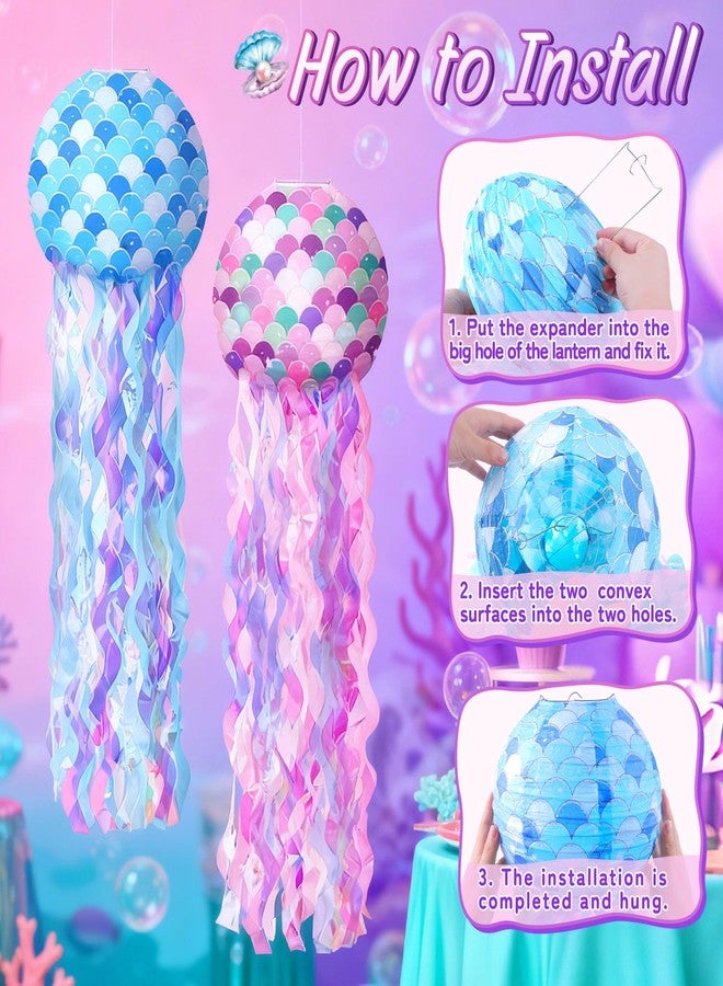 REDWORD Mermaid Birthday Decorations, 41Pcs Mermaid Party Supplies Include Hanging Jelly Fish Paper Lanterns Backdrop Balloons Cupcake Toppers Birthday Sash and Headband for Girls Women Birthdays Decorations - Image 4