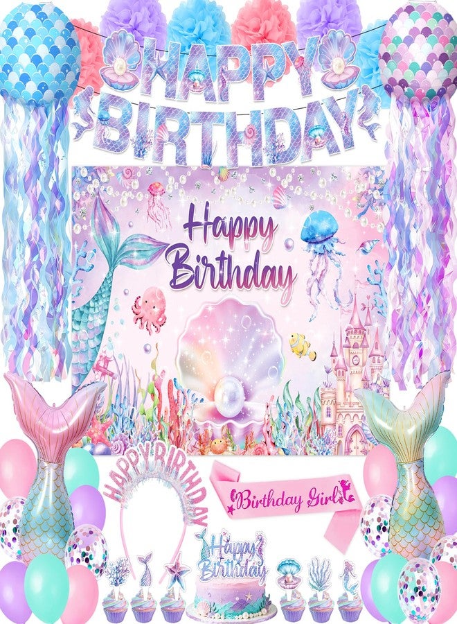 REDWORD Mermaid Birthday Decorations, 41Pcs Mermaid Party Supplies Include Hanging Jelly Fish Paper Lanterns Backdrop Balloons Cupcake Toppers Birthday Sash and Headband for Girls Women Birthdays Decorations - Image 1