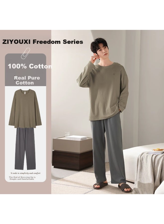 Liberal Ziyouxi 100% Pure Cotton Pajamas For Men, Autumn And Winter Home Wear Set, 10a Anti-mite Long Style, 2025 New Simple Design, Suitable For Outdoor Wear - Image 1