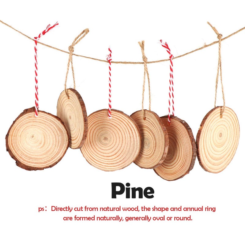 ilauke 50Pcs Wood Slices 2.4"-2.8" Unfinished Wood Rounds with Pre-drilled Hole and 66Feet Twine String, Natural Wood for Crafts for Home Decor Painting DIY Christmas Ornaments Party Wedding Decor - Image 3