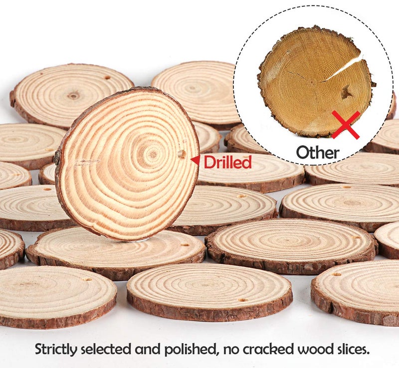 ilauke 50Pcs Wood Slices 2.4"-2.8" Unfinished Wood Rounds with Pre-drilled Hole and 66Feet Twine String, Natural Wood for Crafts for Home Decor Painting DIY Christmas Ornaments Party Wedding Decor - Image 5