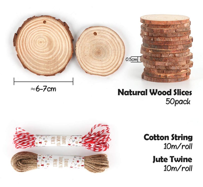 ilauke 50Pcs Wood Slices 2.4"-2.8" Unfinished Wood Rounds with Pre-drilled Hole and 66Feet Twine String, Natural Wood for Crafts for Home Decor Painting DIY Christmas Ornaments Party Wedding Decor - Image 4