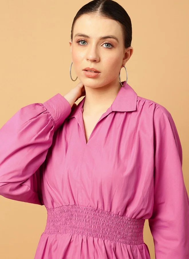 MINT STREET Pink Cotton Fit & Flare Dress for Women