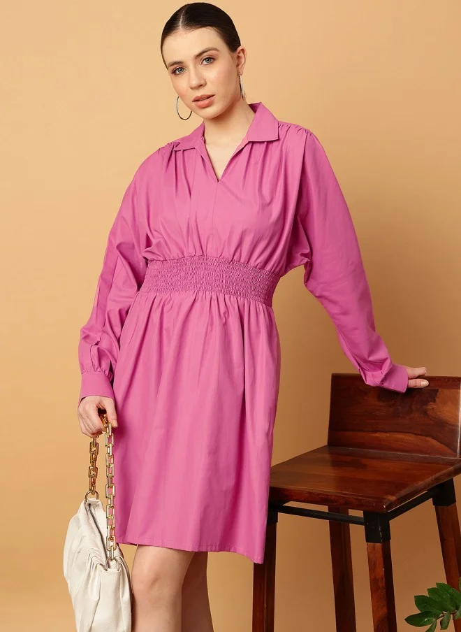 MINT STREET Pink Cotton Fit & Flare Dress for Women