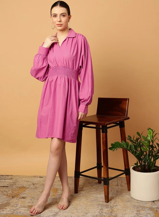MINT STREET Pink Cotton Fit & Flare Dress for Women
