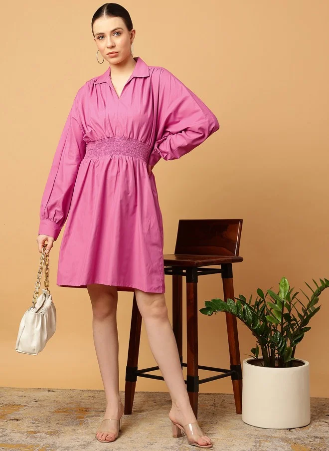 MINT STREET Pink Cotton Fit & Flare Dress for Women