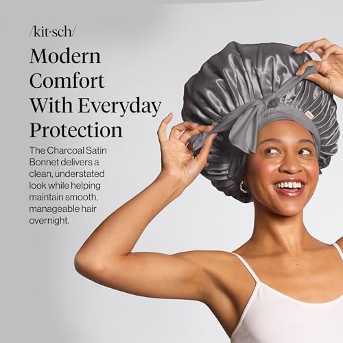 Kitsch قبعة كيتش XL ساتان للنوم أكثر نعومة من قبعة الحرير للنوم للنساء تناسب آمنة قابلة للتعديل قبعة ليلية للشعر المجعد تمنع التكسر والتشابك والت thinning فحم - Image 3