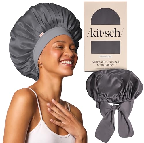 Kitsch قبعة كيتش XL ساتان للنوم أكثر نعومة من قبعة الحرير للنوم للنساء تناسب آمنة قابلة للتعديل قبعة ليلية للشعر المجعد تمنع التكسر والتشابك والت thinning فحم - Image 1
