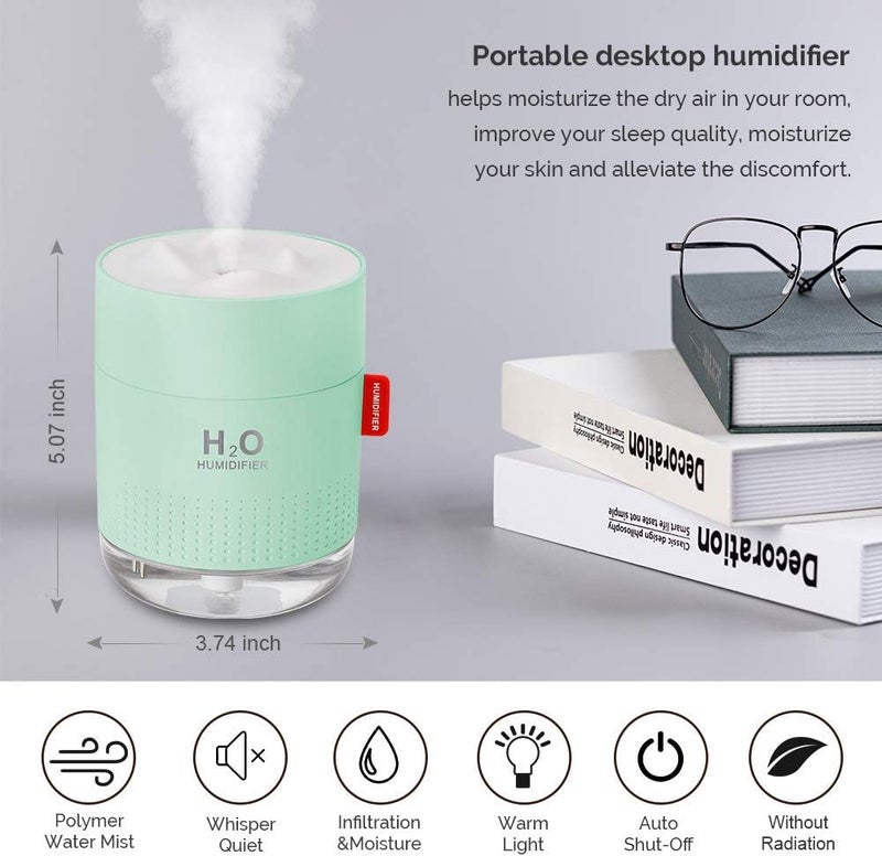 MOVTIP Green Portable Mini Humidifier, 500ml Small Cool Mist USB Desktop Humidifier for Baby Bedroom, Travel, Office, Home - Auto Shut-Off, 2 Mist Modes, Super Quiet - Image 2