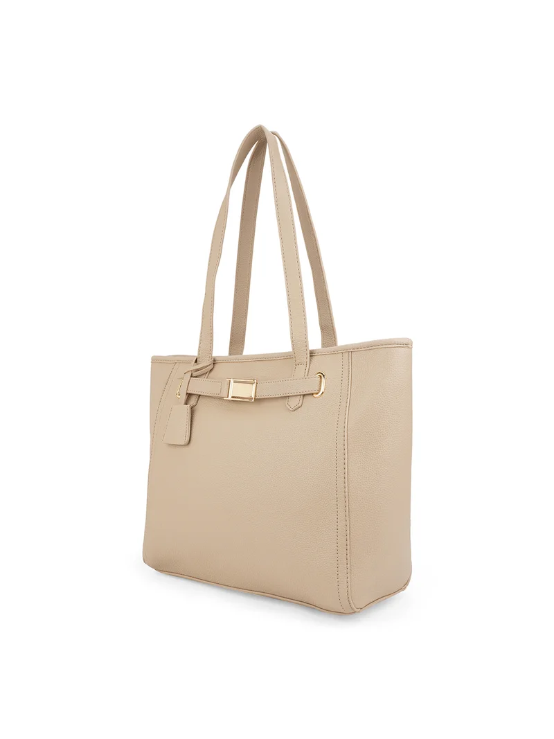 globus Globus Women Beige Textured Buckle Detail Double Workwear Handle Tote Bag