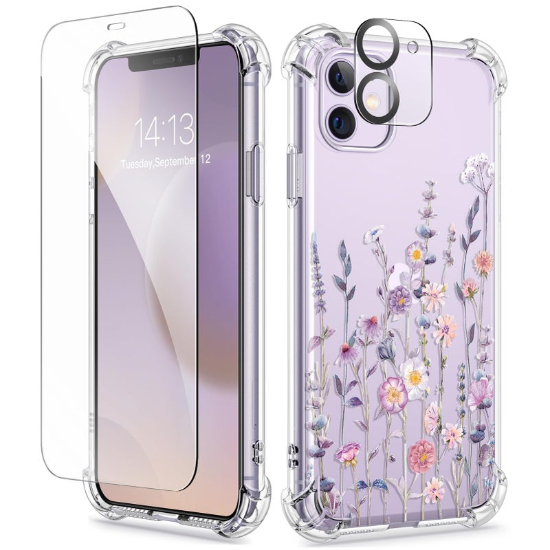 GVIEWIN for iPhone 11 Case Floral, with Screen Protector&Camera Lens Protector,[Non Yellowing] Soft Shockproof Clear Phone Protective Cover for Women, Flower Pattern Design 6.1"(Floratopia/Colorful) - Image 1