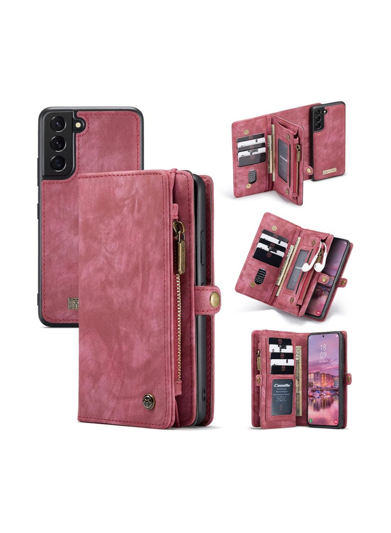 حافظة محفظة متوافقة مع سامسونج جالاكسي S22 5G، جلد فاخر بسحاب، 11 فتحة بطاقة، محفظة متعددة الوظائف مع حالة حماية مغناطيسية قابلة للإزالة