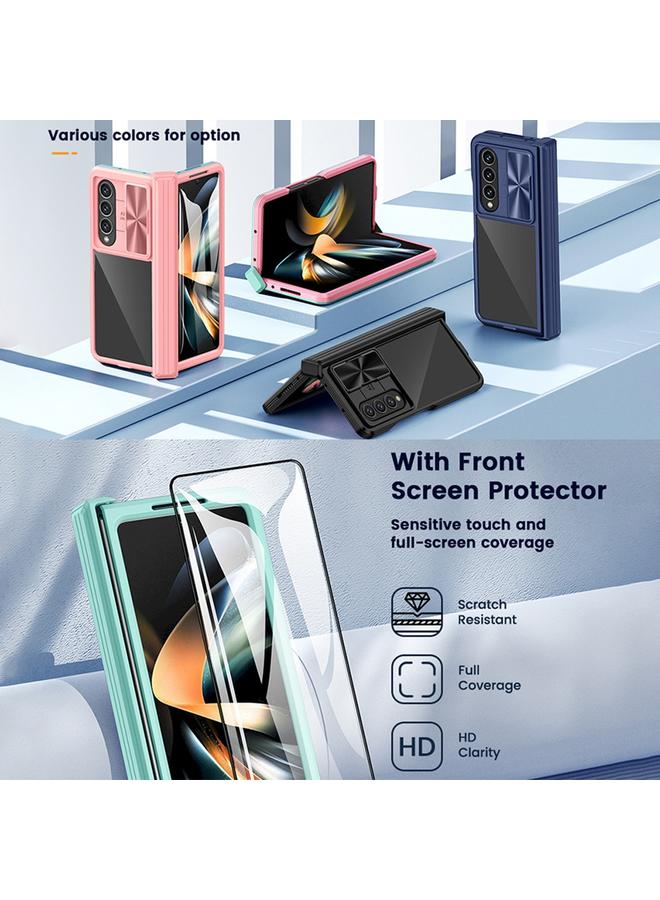 Green Tiger Samsung Galaxy Z Fold4 360 Full Body Sliding Camshield Phone Case Baby Blue Pink - Image 3