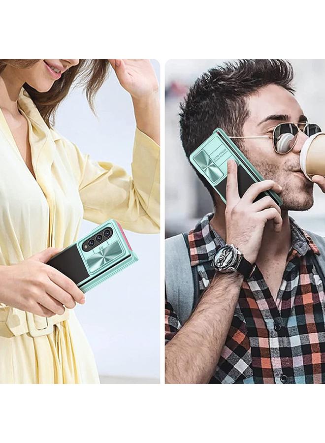 Green Tiger Samsung Galaxy Z Fold4 360 Full Body Sliding Camshield Phone Case Baby Blue Pink - Image 4