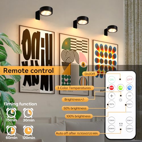 KELUOLY 4-Pack Picture Light Battery Operated with Remote, Led Lights Dimmable and Timer Painting Light, Art Display Light for Picture Frame Artworking Portrait, Home Wall Decor Puck Lights, Black - Image 2