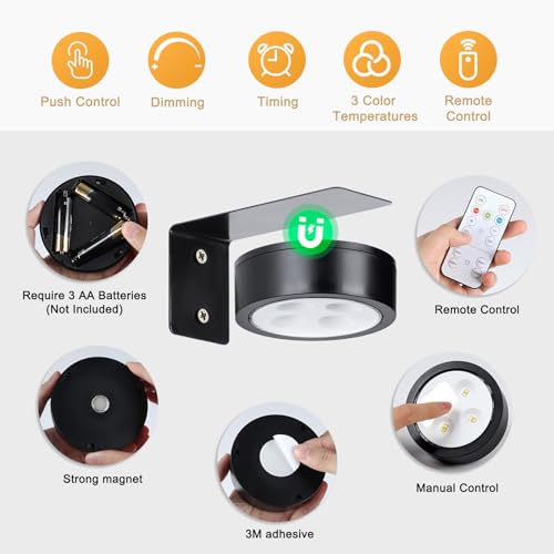 KELUOLY 4-Pack Picture Light Battery Operated with Remote, Led Lights Dimmable and Timer Painting Light, Art Display Light for Picture Frame Artworking Portrait, Home Wall Decor Puck Lights, Black - Image 3