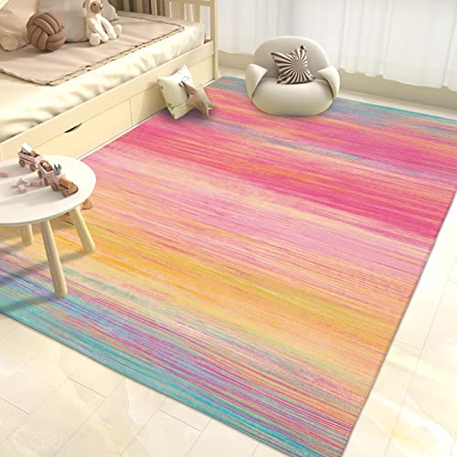 USTIDE Vibrant Rainbow Area Rug 5x7/55"x78" Colorful Stripe Kids Rug Plush Machine Washable Rug for Girls Bedroom Nonslip Kids Carpet for Nursery Soft Playroom Home Decor - Image 1