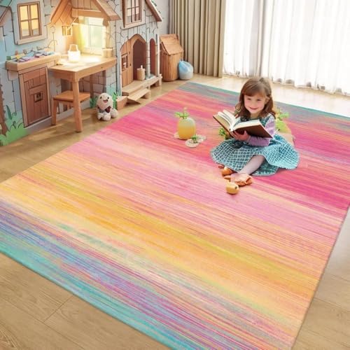 USTIDE Vibrant Rainbow Area Rug 5x7/55"x78" Colorful Stripe Kids Rug Plush Machine Washable Rug for Girls Bedroom Nonslip Kids Carpet for Nursery Soft Playroom Home Decor - Image 4