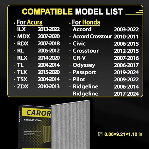 CARORY Cabin Air Filter w/Activated Carbon for Honda Accord 2003–2022, Civic 2006–2015, CR-V 2007–2016, Odyssey 2006–2017, Pilot 2009–2022, Ridgeline 2017–2024, Acura MDX 2007–2020 and More - Image 2